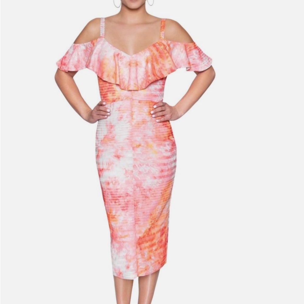 NWT RACHEL Rachel Roy Pink and Orange midi off the shoulder Dress